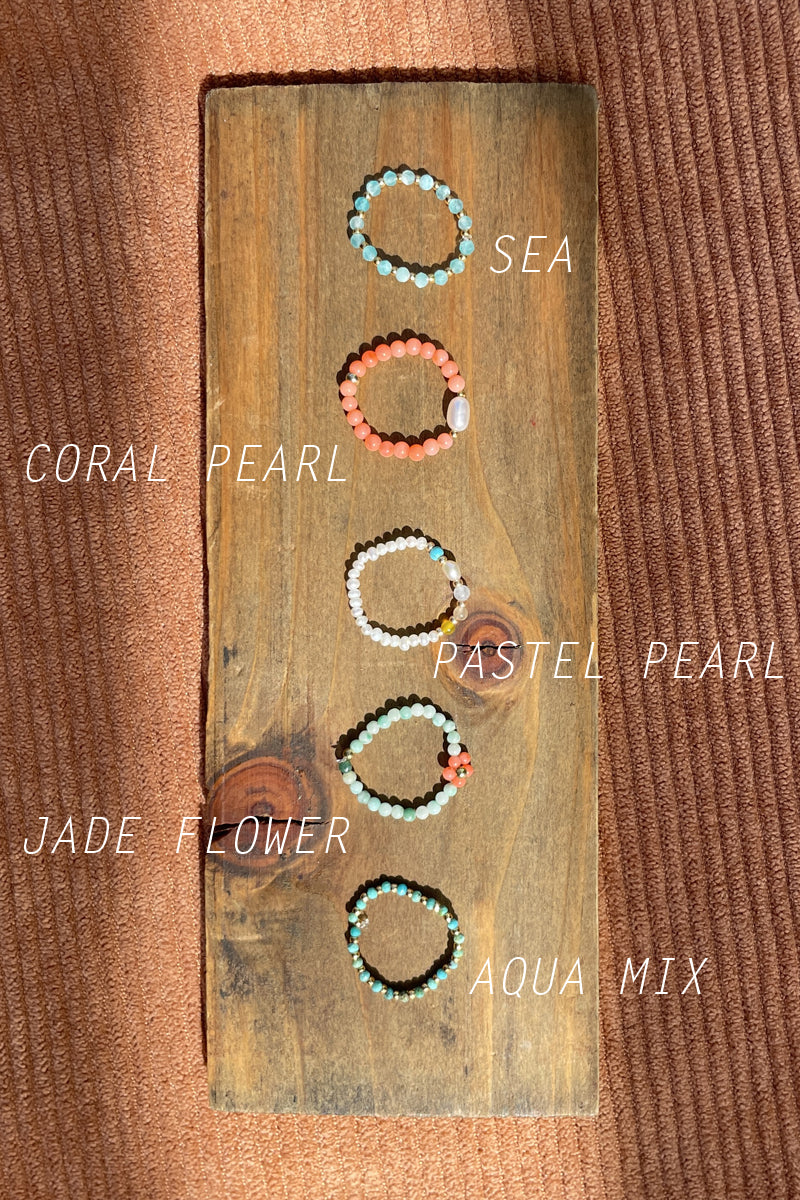beaded rings sea, coral pearl, pastel pearl, jade flower, aqua mix